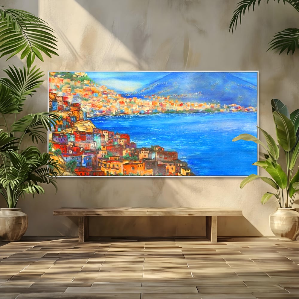 Tablou canvas cu tablou canvas cu peisaj din napoli, in rama de aluminiu argintiu